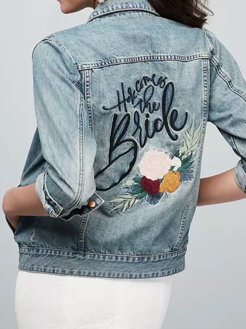 Denim 'Here Comes the Bride' Embroidered Jacket - Light Blue